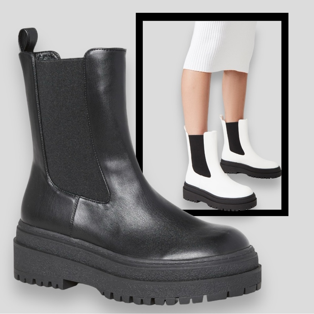 Good American Pull On Lug Thick Sole Chunky Chelsea Black Boots - Picture 2 of 10